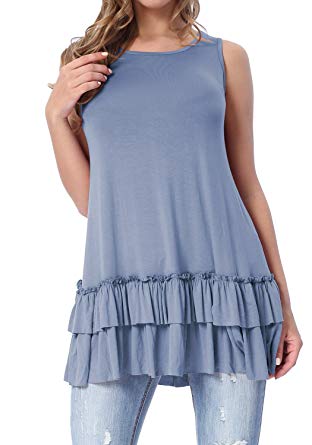 Levaca Women's Ruffles Loose Fit Flare Casual Tank Tunic Tops Extender