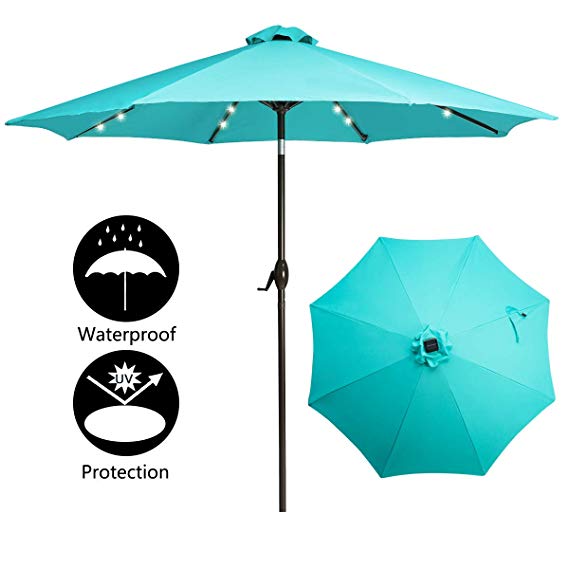 TAGI 9 feet Square Outdoor Umbrella with 32 Solar LED Lights, 8 Iron Ribs， Crank and Rocker Tilting Device， Peacock Blue