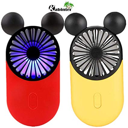 Kbinter Cute Personal Mini Fan, Handheld & Portable USB Rechargeable Fan with Beautiful LED Light, 3 Adjustable Speeds, Portable Holder, for Indoor Outdoor Activities, Cute Mouse 2 Pack (Red Yellow)
