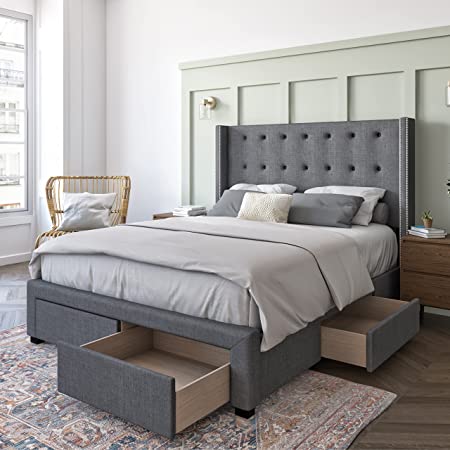 DG Casa Savoy Tufted Upholstered Wingback Panel Storage Bed Frame, King Size in Grey Fabric