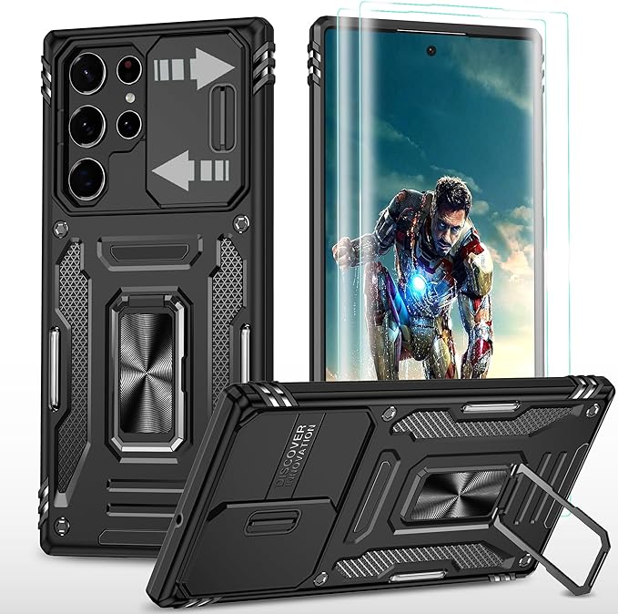 YmhxcY For Samsung Galaxy S22 Ultra 5G Case,With 2*PET Screen Protector, With Slide Camera Cover，Military Grade Protective Case,360° Rotate Metal Stand For Samsung Galaxy S22 Ultra 5G 6.8''-Black