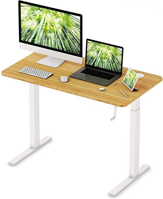 ZHU CHUANG Crank Standing Desk Manual Height Adjustable Desk Home Office Desk Natural Color 100% Solid Bamboo (48" Rectangle (Crank System), White)