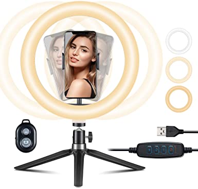 VicTsing 10" LED Ring Light with Stand and Phone Holder, Dimmable Selfie Halo Light with 360°Adjustable Tripod, Cell Phone Holder for Live Stream/Makeup, Compatible with iPhone/Android