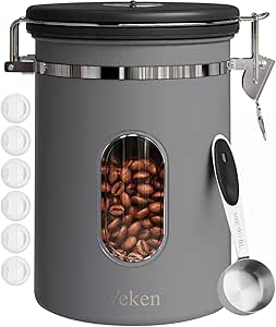 Veken Coffee Canister with Window, Airtight Stainless Steel Kitchen Food Storage Container with Date Tracker and Scoop for Grounds Coffee, Beans, Tea, Flour, Cereal, Sugar, 22OZ,Grey