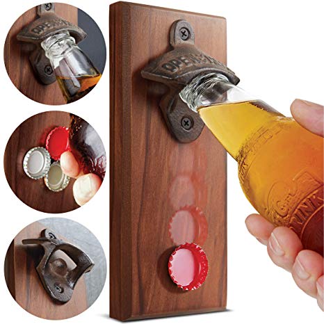 SHARPER IMAGE Cap Catching Magnetic Bottle Opener, Attach to Metal Surfaces or Wall with Hardware, Strong Magnet Catches Falling Caps, Man Cave DÈcor for Beer Lovers, Vintage Look, Wood and Cast Iron