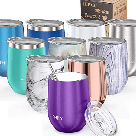 Vacuum Insulated Stemless Wine Tumbler - Markline T1 Triple-insulated Stainless Steel Wine Glass with Lid, Reusable Straw, Coaster, 12 oz, Keep Cold & Hot for Wine, Coffee, Cocktails, Drinks, Purple