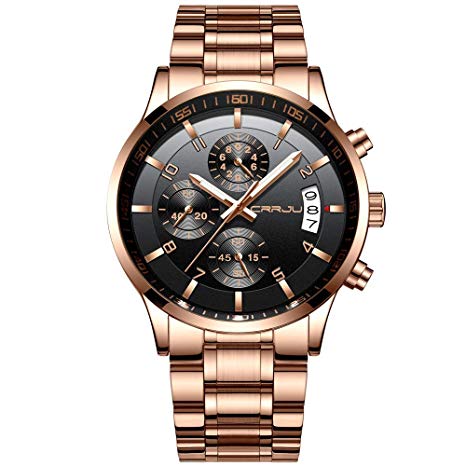 CRRJU Men's Multifunctional Chronograph Wristwatches,Stainsteel Steel Band Waterproof Watch