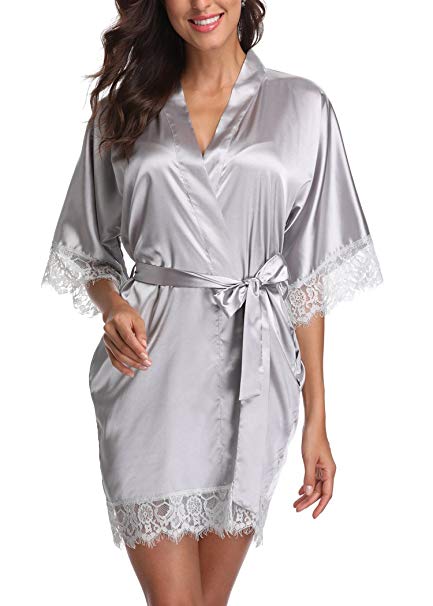 Laurel Snow Short Satin Kimono Robes Women Pure Color Bridemaids Bath Robe with Lace Trim