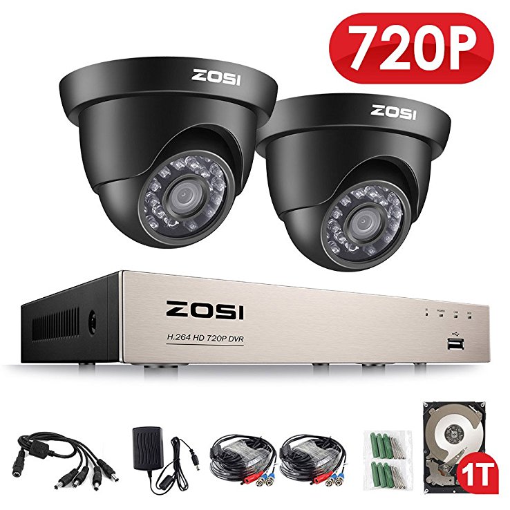 ZOSI 720P Home CCTV Camera System , 2x Dome Outdoor CCTV Cameras, 8CH 720P TVI DVR with 1TB Hard Drive, CCTV Kits 20m Night Vison, All-weather Adaptation, Email Alert with Images, Mobile App: ZOSI View