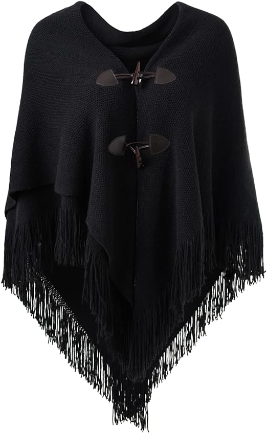 Ferand Women's Open Front Poncho Loose Fitting Fringed Cape Shawl for Autumn Winter 2023