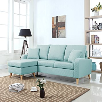 Divano Roma Furniture Mid Century Modern Linen Fabric Small Space Sectional Sofa with Reversible Chaise (Light Blue)