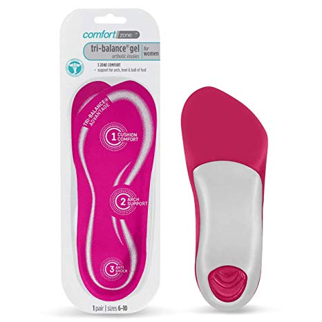 Comfort Zone Tri-Balance Gel Orthotic Insoles for Women, for Sizes 6-10, 1 Pair