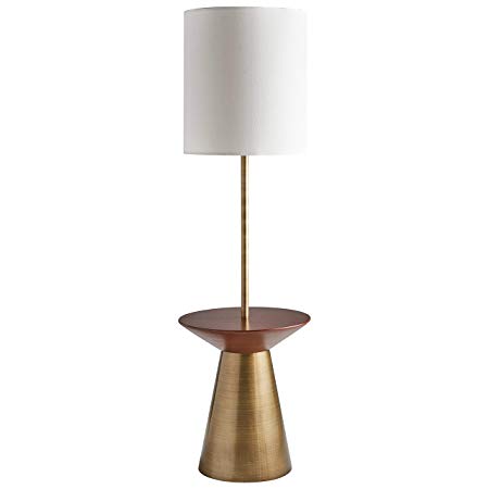 Rivet Modern Floor Lamp with Shelf, 60"H, With Bulb, Brass with Linen Shade