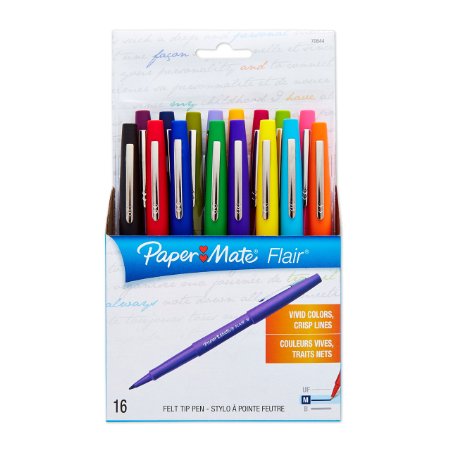 Paper Mate Point Guard Flair Porous Point Stick Pen, Assorted Ink, Medium, 16 Per Pack (PAP70644)