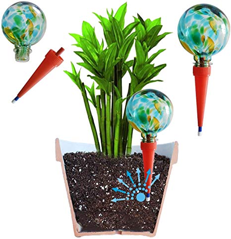 2 Large Plantpal Decorative Glass Watering Globes, Plant Watering Spikes, Aqua Spikes, Automatic Plant Watering, Holiday Watering System that really works. Great For House Plants. Use in 7 - 10 Inch Indoor Plant Pots. No need to waste money on other cheap globes. (Green, Glass)