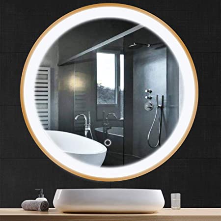 OTTARO 24 Inch Circle Wall Mirror with Light, Round Led Vanity Mirror Gold Metal Frame for Entryways, Washrooms, Living Room and More