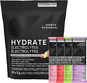 Sports Research Hydrate Electrolytes Powder Packets - Sugar-Free & Naturally Flavored with Vitamins, Minerals, and Coconut Water - Supports Hydration - 16 Packets - Variety Pack