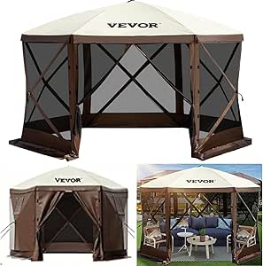 VEVOR Pop Up Gazebo Screen Tent, Pop-Up Instant Gazebo Tent with Mosquito Netting Outdoor Canopy, 6 Sided Sun Shelter 10x10ft with 6 Removable Wind Cloths & 2 Mesh Windows, Pavilion Tent for Patio