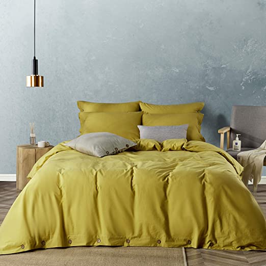 JELLYMONI 100% Washed Cotton Duvet Cover Set Queen Size, Luxury Soft Bedding Set with Button Closure. Solid Color Pattern Duvet Cover(No Comforter) (Ginger, Queen, 3Pcs)