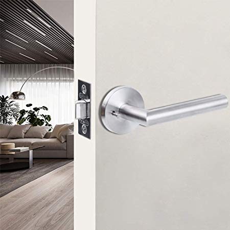 SUMBIN Modern Round Privacy Door Lever/Door Handle Bed or Bath Lever Satin Stainless Steel, 5.31 inch Handle Length,Adjustable Latch Backset, Lock Pin