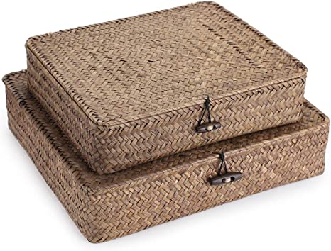 Hipiwe Set of 2 Flat Woven Wicker Storage Bins with Lid Natural Seagrass Basket Boxes Multipurpose Home Organizer Bins Boxes for Shelf Organizer (Coffee)