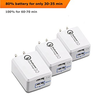 USB Wall Charger Quick Charge 3.0, Dual Port, QC 2.4A Qualcomm, Fast for Travel (3-pack)