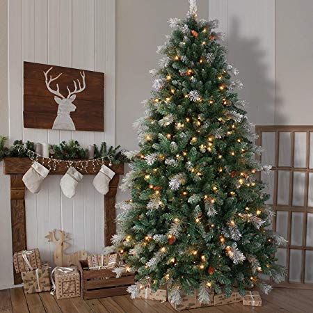 OasisCraft Pre-lit Snowy Aspen Spruce Christmas Tree 7.5 Foot & 500 Light, Flocked Artificial Christmas Tree Real Full with Lights, Pine Cone Decor