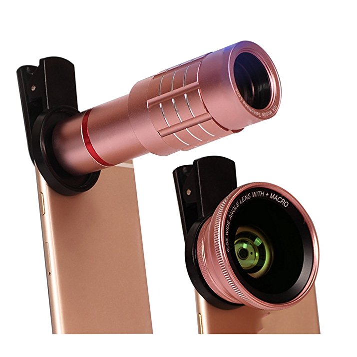 Universal 4 in 1 HD 12x Zoom Phone Telescope 180 Degree Fisheye 0.45X Wide Angle 12.5x Micro Lens Metal Clip Phone Camera Lens Set(Rose gold)