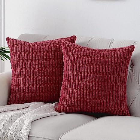 Fancy Homi 2 Packs Christmas Wine Red Decorative Throw Pillow Covers 18x18 Inch for Living Room Couch Bed Sofa, Modern Farmhouse Boho Home Decor, Soft Corduroy Burgundy Square Cushion Case 45x45 cm