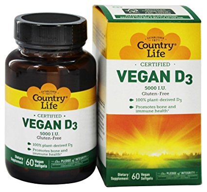 Country Life Vegan D3 5000 IU - 60 Softgels - 100% plant-derived - Promotes Immune Health & Bones