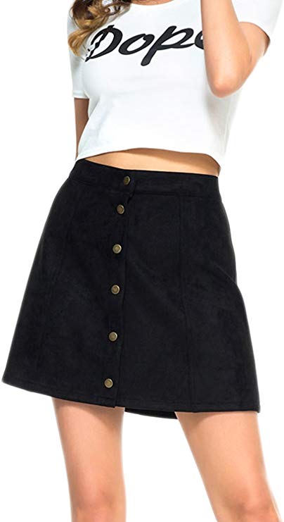 PERSUN Women's High Waist Faux Suede Button Front Plain A-Line Mini Skirt