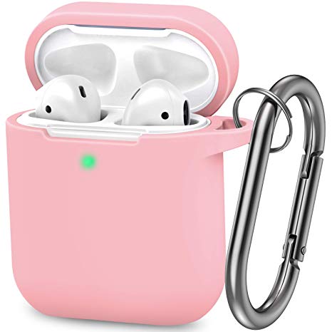 AirPods Case, Silicone Cover with U Shape Carabiner,360°Protective,Dust-Proof,Super Skin Silicone Compatible with Apple AirPods 1st/2nd (Pink)