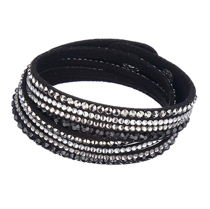 Beautiful Bead Women New Fashion Genuine Leather Wrap Multilayer Rhinestones Hot Fix Bracelet-Black