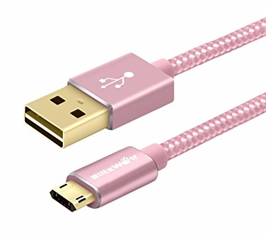 Reversible Braided Micro USB Cable, BlitzWolf 3ft Double Sided Plugable USB Micro B Charger and Data Cord for Android Phone, Samsung Galaxy S6 Edge, Note 5 Edge, HTC M9, Xperia Z3 Z2, Moto X (Pink)