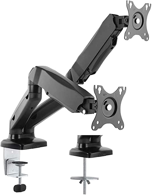 AVLT-Power Dual 27" Monitor Desk Stand - Mount Two 14.3 lbs Computer Monitors on 2 Full Motion Adjustable Arms - Organize Your Work Surface with Ergonomic Viewing Angle VESA Monitor Mount