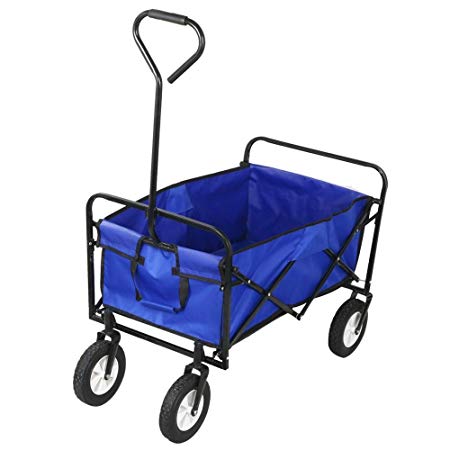 Yaheetech Foldable Pull Along Wagon Garden Trailer Hand Cart Wheelbarrow Transport Trolley (Blue)