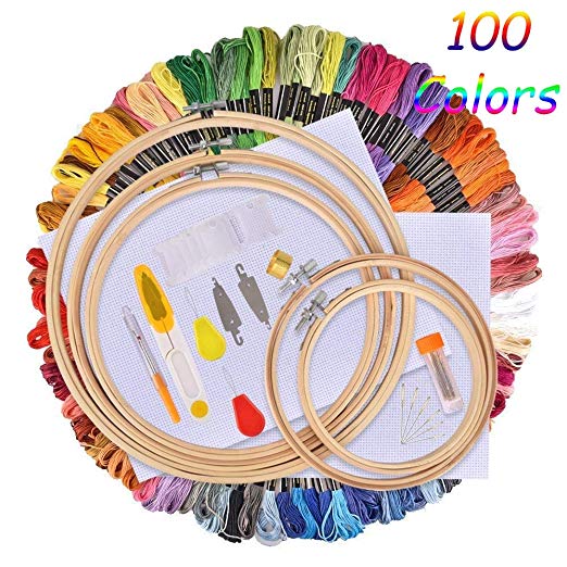 IMMEK 5 Pieces Embroidery Hoop Set Bamboo Circle Cross Stitch Hoop  100 Colors Embroidery Thread Cross Stitch kits Embroidery Floss,2 Cross Stitch Cloth,Threads for Sewing Knitting DIY Threaders