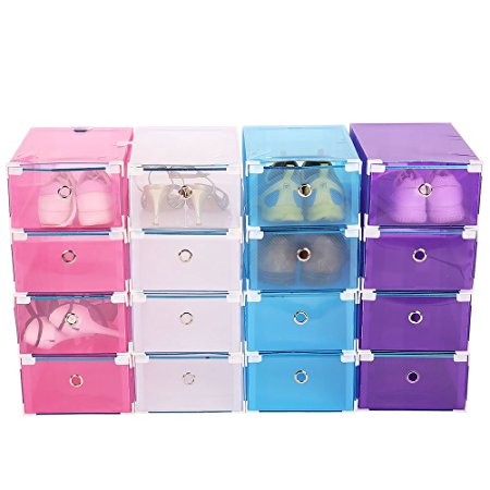 Chinashow Clear Foldable Shoe Storage Boxes，Multifunction Plastic Transparent Stackable Shoe Storage System with Drawer (4, White)