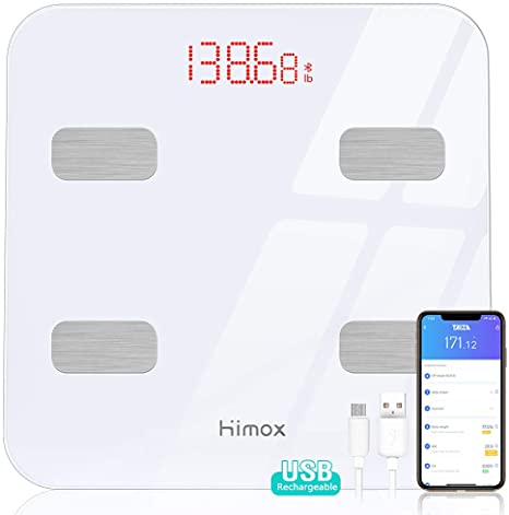 HIMOX Smart Body Fat Scale, USB Rechargeable Bluetooth Scale Bathroom Digital Weight Scale Tracks 23 Key Compositions Analyzer, 6mm-Thick Glass, 400 lbs Rectangle (White)