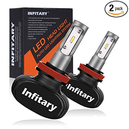 Infitary Led Headlight Bulbs, H1/H4/H7/ H11 Auto Headlamp Conversion Kit with CSP Chips, 50W 8000LM 6500K Car Light Bulb White Light,1 Pair Plug and Play (Black, H11)