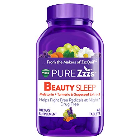 ZzzQuil Pure Zzzs Beauty Sleep Melatonin Sleep Aid Tablets, 48 ct, with Turmeric, Grape Seed Extract, 1mg per tablet