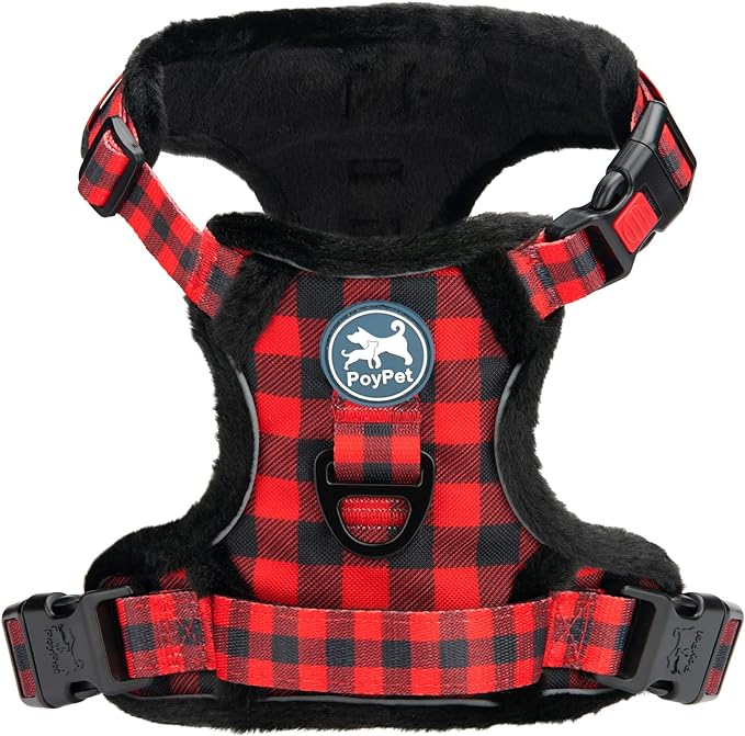 PoyPet Plush Dog Harness, Soft Padded No Pull Vest Harness, Reflective Adjustable Escape Proof with Easy Control Handle for Small Medium Large Dogs(Checkered Red,M)