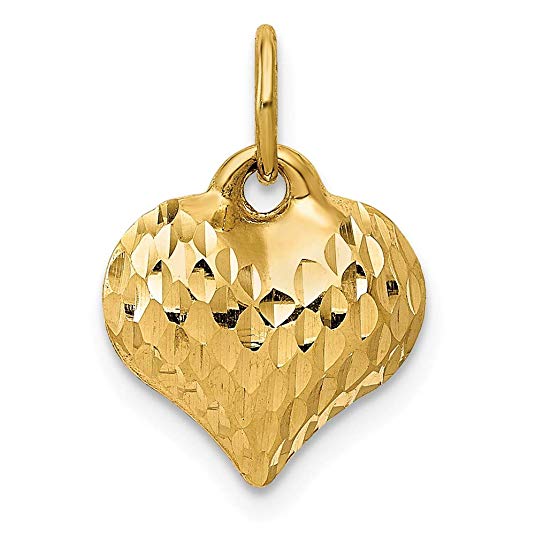 JewelrySuperMart Collection 14k Gold Hollow Diamond-Cut Small Puffed Heart Pendant Charm - (Yellow Gold, 0.50 Inch Height)