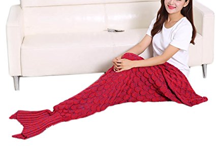 Moxeay Knitted Fish Scales Mermaid Tail Blanket for Adults Sleeping Blanket (Red)