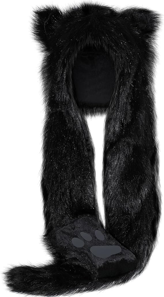 Wolf Faux Animal Hoods Hat Furry Hat Mittens Gloves Scarf Paws Ears Wolf Accessories