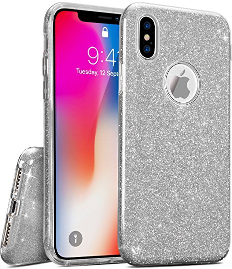 TOZO iPhone X Case, SHINY [Bling Crystal] Ultra Thin Sparkle Premium 3 Layer Hybrid TPU Soft Grip for iPhone 10 / X – Silver