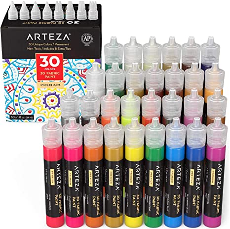 Arteza 3D Fabric Paint, Set of 30, Metallic & Glitter Colors, 1oz Tubes, Glow-in-The-Dark & Vibrant Shades, Textile Paint for Clothing, Accessories, Ceramic & Glass