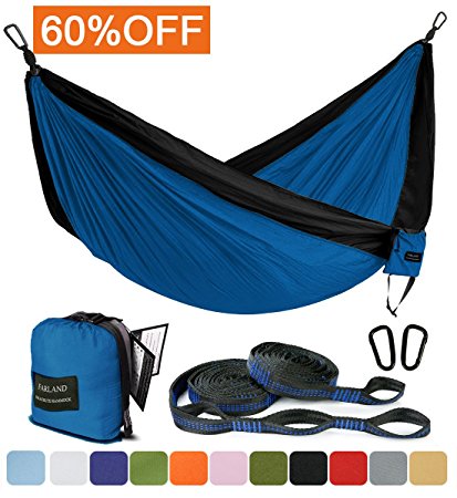 Outdoor Camping Hammock - Portable Anti-fade Nylon Single & Double Hammock with 2 Piece 14 or 16 Loop Straps by FARLAND - Parachute Lightweight Hammock for Hiking Backpacking