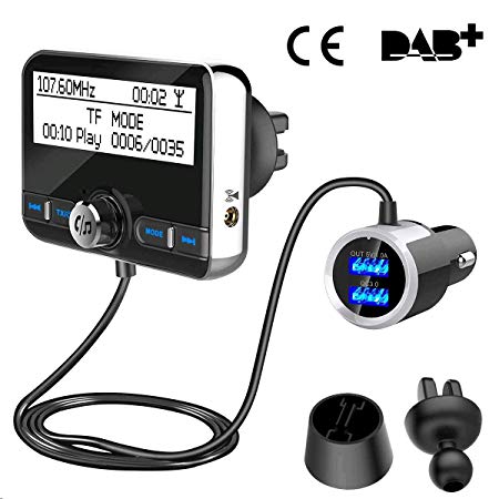 DAB  Car Charger Bluetooth V4.2 EDR FM Transmitter, Wonsidary LCD Screen DAB Radio Bluetooth Receiver with Bluetooth Handsfree and Dual USB QC3.0 Car Charger, 3M Antenna, 3.5mm Aux Output