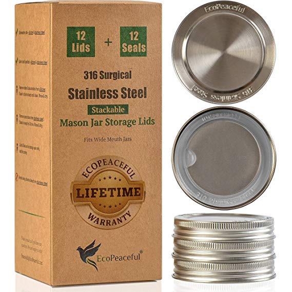EcoPeaceful 12 Mason Jar Lids - 316 Surgical Stainless Steel Wide Mouth Mason Jar Lids. Leak-Proof Silicone Seal. Rust-Proof Replacement for Metal Canning Lids & Plastic Caps. BPA-free, PVC-free